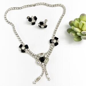 Vintage Estate Black & Clear Rhinestone Necklace & Earring Set